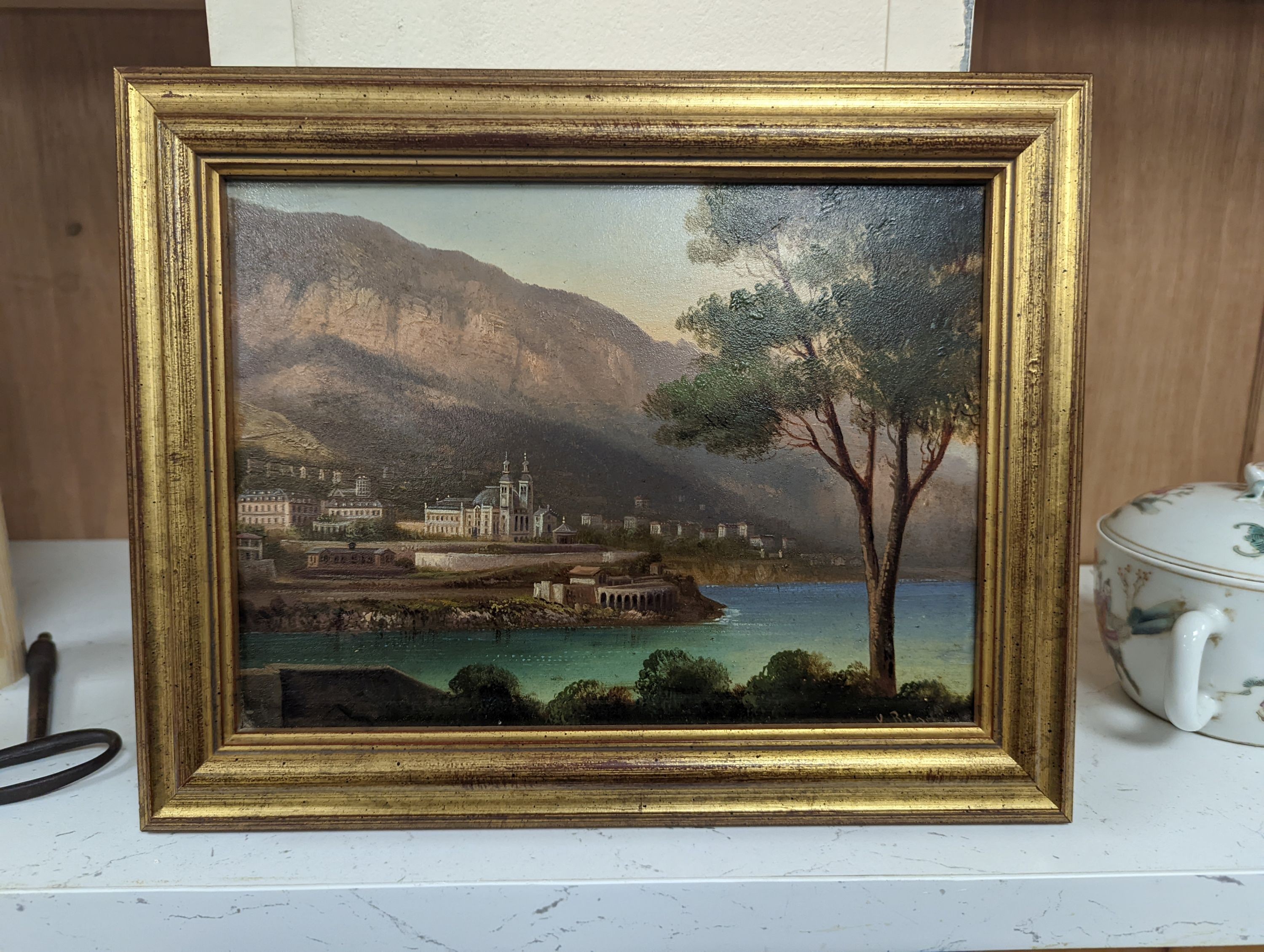 Italian School, Oil on board, Lake scene, c.1900, indistinctly signed, 15 x 21cm